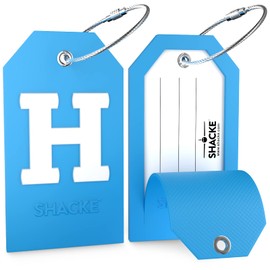 Shacke Initial Luggage Tag with Full Privacy Cover and Stainless Steel Loop - Aqua Teal (Letter H)