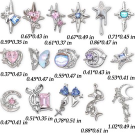 16 Stile Luxus Mond Stern Nagel Charms 3D Nail Charms Y2k Legierung Strasssteine Bogen Schmetterling Nagel Schmuck Metall Nail Art Charms Nägel Glitzersteine Nailart Rhinestones Nageldesign Zubehör
