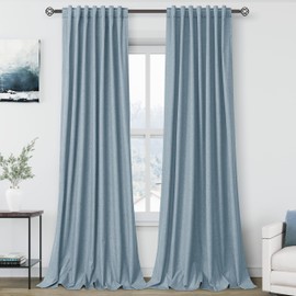 Blue Linen 100% Black Out Curtains 108 Inches Long 2 Panels Set for Bedroom Boho Farmhouse Back Tab Thermal Insulated Energy Efficient Room Darkening Curtains Living Room High Ceiling Length 9 FT