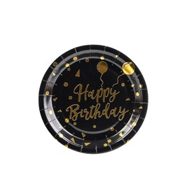 EVYIENEN 50PCS Happy Birthday Party Paper Plates，7inch Disposable White and Gold Plates Set，Party Tableware Party Supplies for Birthday Decorations (Happy Birthday Black and Gold, 7inch)