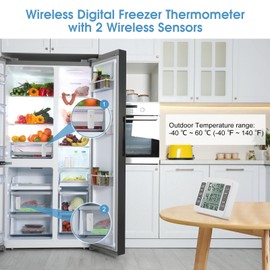 Refrigerator Thermometer, Digital Freezer Thermometer Audible Alarm with 2pcs Sensor Indoor Outdoor Thermometer, Min and LCD Display for Home, Restaurants