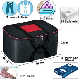 MJ Vision Extra Large Foldable Clothes Storage Bag Underbed Storage Waterproof Bag, Moisture Proof Nylon Thick Blanket Storage Bags, (Size - 54 x 46 x 28) cm, (Red & Black), Pack of 2