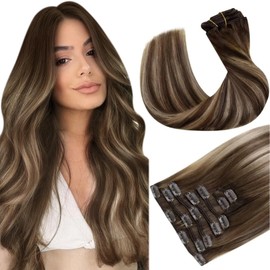Hetto Clip in Extensions Human Hair Brown Ombre Caramel Blonde Balayage Clip in Hair Extensions Human Hair 18 Inch Double Weft Clip in Extensions Real Human Hair Balayage Brown 120g 7pcs