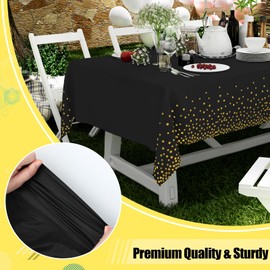 Smiry Disposable Table Cloth - 6 Pack, 54 x 108 Inch Table Cloths for Parties, Decorative Tablecloths for Rectangle Tables, Waterproof Plastic Table Cover, Leakproof & Sturdy, Black & Gold