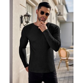 Ekouaer Thermal Undershirts for Men Long Sleeves Loungewear Casual Ribbed T-Shirt Round Collar Base Layer Black M