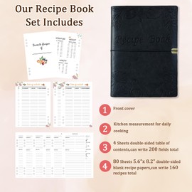 leeveel Blank Recipe Book to Write in Your Own Recipes, 5.6 X 8.2 Recipe Ring Binder with PU Leather Cover, Recipe Journal with 160 Recipes (black)