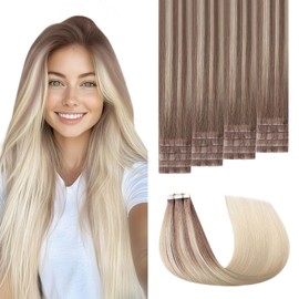 Sweetmet Invisible Tape in Hair Extensions Real Human Hair 3rd-Generation #8/60 Ash Brown to Platinum Blonde 20pcs 30g 14inch Injected Hand-Tied Invisi Edge Tape ins Extensions（#8/60-14inch）