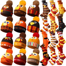 Glitopper 8 Pcs/ 16 Pcs Thanksgiving Turkey Trot Costume Set Beanie Hat Turkey Socks Beanie Hat Funny Knitted Cap Men Women(24 Pcs,Mixed)