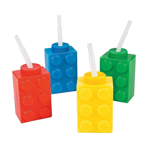 Fun Express Brick Block Party Cups (Set of 8 with Straws) Party Favor Supplies