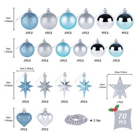 ilauke 70Pcs Christmas Baubles Set, Christmas Balls Shatterproof, Christmas Tree Ornaments, Hanging Christmas Decorations for Xmas Tree, Wedding, Party, Blue & Silver