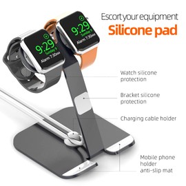 FEIFANZHE Dual Stand for iwatch Charging, Aluminum Nightstand iwatch Bracket Base and Phone Stand Docking Station Holder, Compatible for iWatch Series(Adapters NOT Included) 04A-B