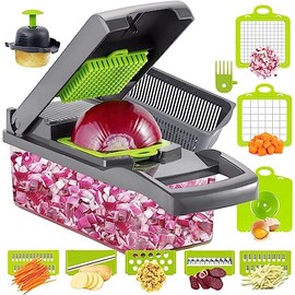 Cortador de Verduras 12 en 1, Picador de Verduras Multifuncional Mandoline Rayadores para Cocina con 6 Cuchillas de Acero Inoxidable y Contenedor, Ide