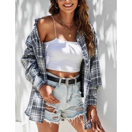 HangNiFang Flannel Plaid Shirts for Women Oversized Button Down Shirts Blouse(0768-Grey-S)