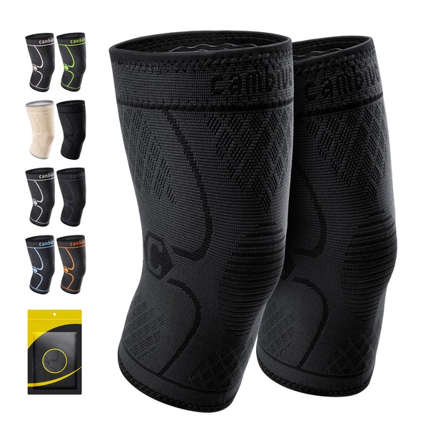 CAMBIVO 2 Pack Knee Braces for Knee Pain, Knee Compression Sleeve for Men and Women, Knee Support for Meniscus Tear, Running, Weightlifting, Workout, ACL, Arthritis, Joint Pain Relief (Black,Medium)