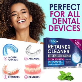 Retainer Cleaner Tablets - 36 Denture Cleaning Tablets & Aligner Cleaner - Removes Odors & Stains – For Aligners, Retainers, Dentures, Night Guards - Mint Flavor