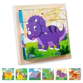 SPHERETRON Picture Cube Wooden Puzzle for Children from 1 2 3 Years 3D Cube Puzzle Dinosaur Puzzle Games 6 in 1 Animal Motifs Educational Toy Wooden Toy Gift Toy for Children