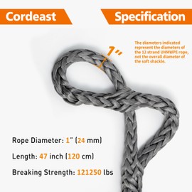 CORDEAST Synthetic Soft Shackle 1“ X 47” (121250 lbs Breaking Strength) Extra Large Long UHMWPE Rope Shackle for Heavy Duty Truck Off-Road Recovery (Gray, 1-Pack)