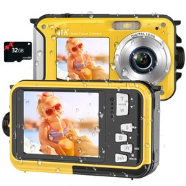 4K Underwater Camera 11FT Waterproof Camera with 32GB Card 56MP Autofocus Dual-Screen Selfie Underwater Camera for Snorkeling Compact Floatable Digital Camera 1250mAh Battery Type-C (Yellow)
