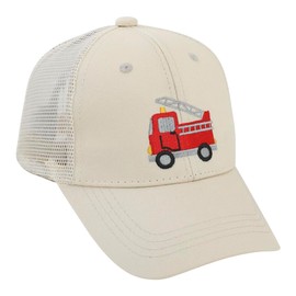 Besforta Cute Fire Engine Embroidery Children's Baseball Caps Adjustable Washed Baseball Hats for Boys Girls, Mesh Fabric Beige