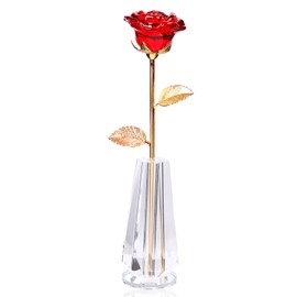 Movdyka Crystal Red Rose Flowers Gifts for Women Mom Wife Girlfriend Glass Roses Golden Stem with Vase Figurine Collectible Home Decor for Mothers Day Wedding Anniversary