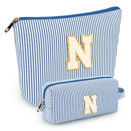 2 PCS Initial Makeup Bags for Women: Cosmetic Bag for Travel Toiletry - Birthday Gifts for 11 12 13 14 15 16 17 18 Years Old Girl Graduation Teacher Gift- Teen Girl Gifts Trendy Stuff - Blue N