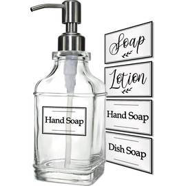 JASAI Antique Design Soap Dispenser with Rust Proof 304 Stainless Steel Pump, Refillable Clear Glass soap Dispenser with 10Pcs Clear Stickers, Premium Kitchen & Bathroom Soap Dispenser