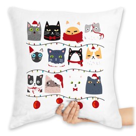 Shirtracer Cushion 40 x 40 cm Decorative Cushion - Christmas Cushion Christmas Gifts - Cats for Christmas - 40 x 40 cm - White - Cat with Christmas Motif Christmas Cat Gifts Xmas