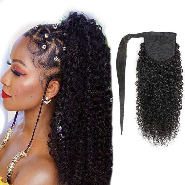 Curly Ponytail Human Hair with Wrap Around Magic Tape, Brazilian Hair Clip in Extensions Afro Curl Kinky Curly Pony Tail Color Natrual Black (16", 1B, Curly, Wrap Around)