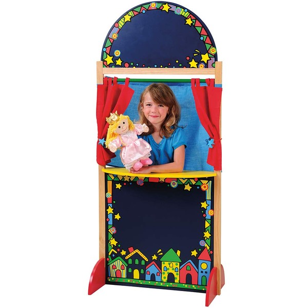 Constructive Playthings Kid-Sized Hardwood Puppet Theater, Includes Chalkboard, Curtain and