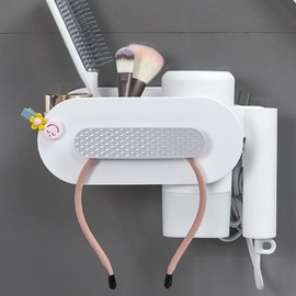 LAKYMIE Föhn Halterung Haartrocknerhalter Föhnhalter Haartrockner Halterung Wandbefestigung Ohne Bohren Selbstklebend mit 3 Fächer und Kabelhalter für Badezimmer