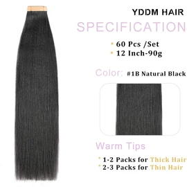 YDDM Black Women Tape Extensions, Real Hair, Black Yaki Straight Tape-In Hair Extensions, Real Hair Tapes, Invisible Extensions, Real Hair, Tape Extensions, Real Hair, 12 Inches, 60 Pieces, 90 g