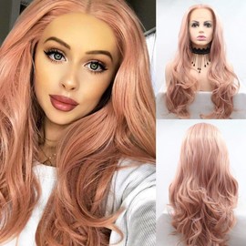 Angle Lucky Peach Pink Wig for Women Synthetic Lace Front Wig Long Wavy Pastel Pink Wigs Heat Resistant Fiber Premium Glueless Wigs Daily Wear 24''