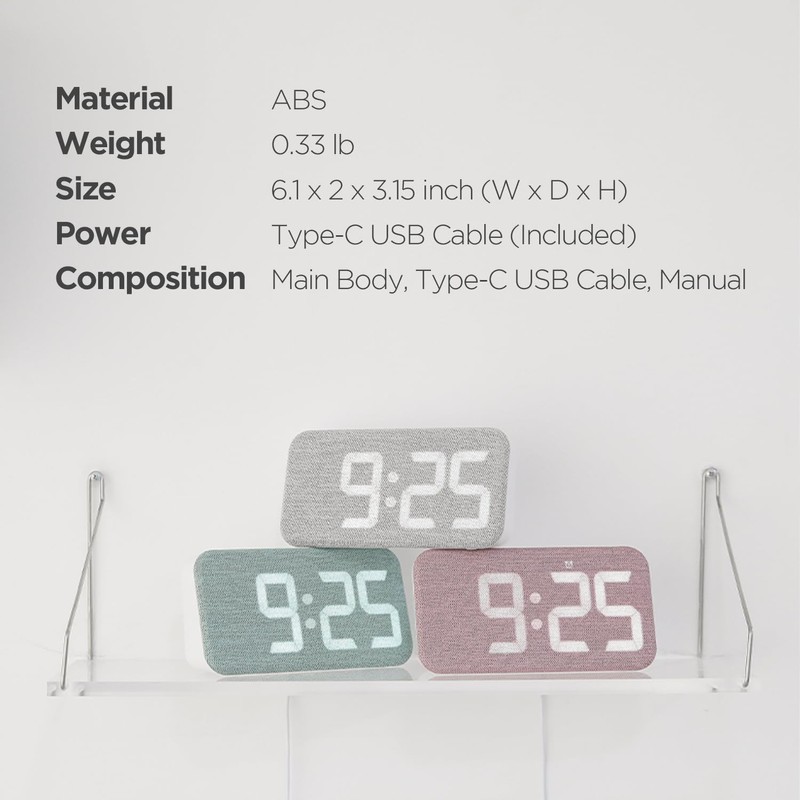 mooas Cosy Fabric LED Desk Clock, Digital Alarm Clock with