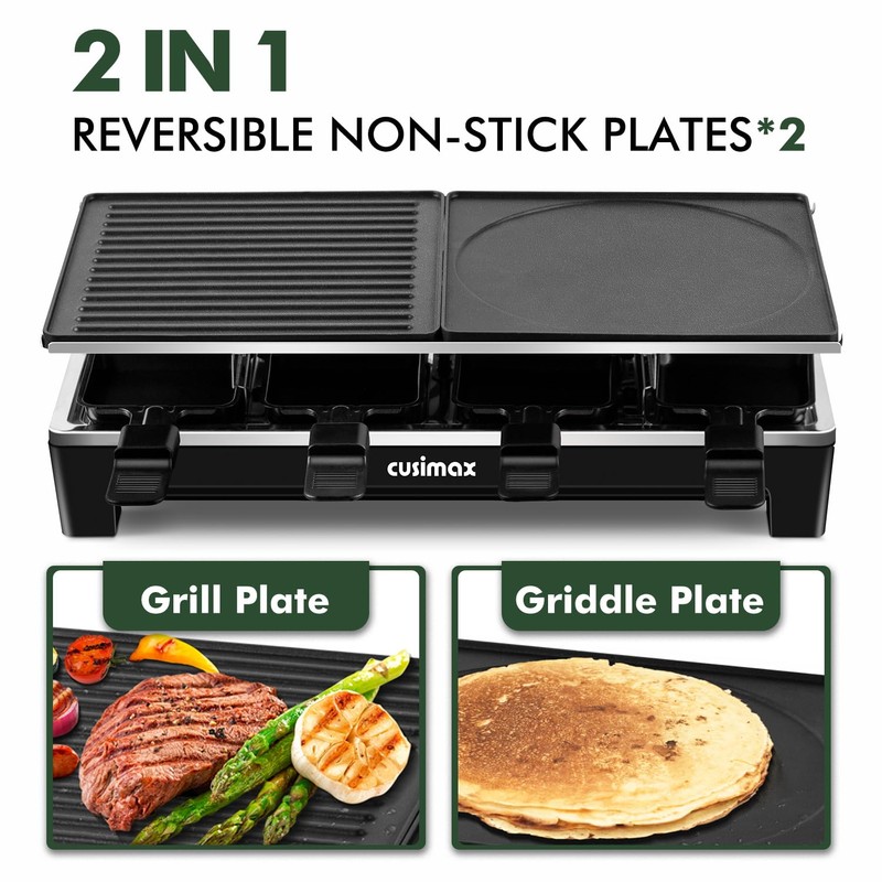 CUSIMAX Raclette Grill, Electric Grill, Reversible 2 in 1 Non-stick