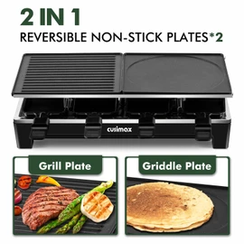 CUSIMAX Raclette Grill, Electric Grill, Reversible 2 in 1 Non-stick Grill & Griddle Plates, Portable Korean Grill with 8 Paddles & Shovels, Black New Model