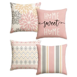 Fsahiuf Dekorative Kissenbezüge Set, 40x40 cm, 4-teilig, Rosa-Grau-Beige, Home Sweet Home und Geometrische Muster,Frühlingsdeko,Sommerdeko