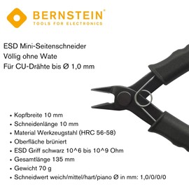 BERNSTEIN Mini Electronic Side Cutters, 135 mm, Without Bevel for Copper Wires up to Diameter 1.0 mm 18AWG, Burnished Surface with Opening Spring, ESD Handle Black 10^6 to 10^9 Ohm