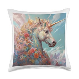 Art Nouveau Aesthetic Elephant Hh River AI Artists Nouveau Floral Aesthetic Unicorn AI Art Generated Merch Throw Pillow, 18x18, Multicolor