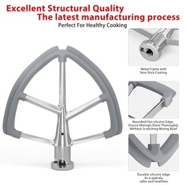6QT Stainless Steel Flex Edge Beater for KitchenAid Mixer Professional 6 Quart Paddle Attachment Compatible with Kitchen Aid Accessories KD2661X, KP2671X with Silicone Edges Scraper