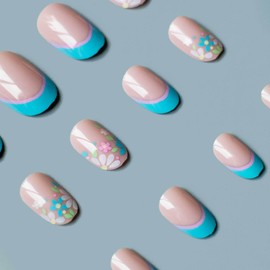 Almond Press on Nails Short Squoval Fake Nails Glossy False Nails with Blue Pink Flowers French Tip Nails Press Designs Acrylic Nails Press on Artificial Nails Stick on Nails for Women Girls 24PCS