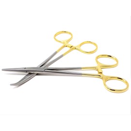 Pack of 2 Hemostat Forceps With Gold Handle And Fully Serrated Stainless Steel - 5" Curved + Straight Pliers