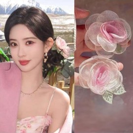 WENJESO Pink Tulle Rose Flower Hair Clip Side Clip Women's Resort INS Style Hair Accessories