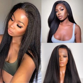 DreamPack Yaki Lace Front Wigs Human Hair,Yaki Straight 4x4 Lace Front Glueless Wigs Human Hair Pre Plucked Pre Cut,Yaki Wigs for Black Women 180% Density Natural Black (Natural, 16")