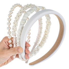 4PCS Headbands for Women & Girls - White Headband, Pearl Non-Slip Wide Padded Headband - Vintage & Cute Headbands Hair Band Face Wash Pearl Hair Accessories Gifts (4 Style)