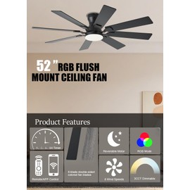 JSAITEE 52 inch Ceiling Fan with Light, 8 Speeds Reversible Low Profile Ceiling Fan with Light and Remote/APP Control, 3 Color Temp+Dimmable RGB, 8 Blades, Flush Mount Quiet Ceiling Fans, Black