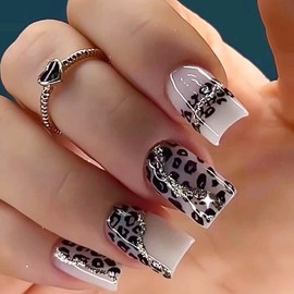 Lomxene Press On Nails Short Fake Nails Leopard Print Black Acrylic Nails Glitter Nails Press Ons Glue On Nails Artificial Nails False Nails Stick On Nails For Woman 24pcs(Square Short Leopard Print)