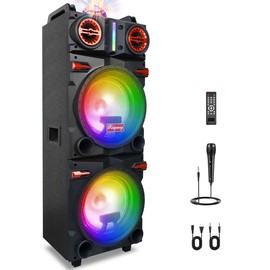Dazone Portable Stereo Karaoke Big Loud Speaker 9000W Dual 10“ Subwoofer 3" Tweeter Deep Bass with Wired Mic, FM/AUX/MP3/USB/SD/Microphone In, Remote Control, Party Lights, Remote Control for Home Outdoor Party Gifts