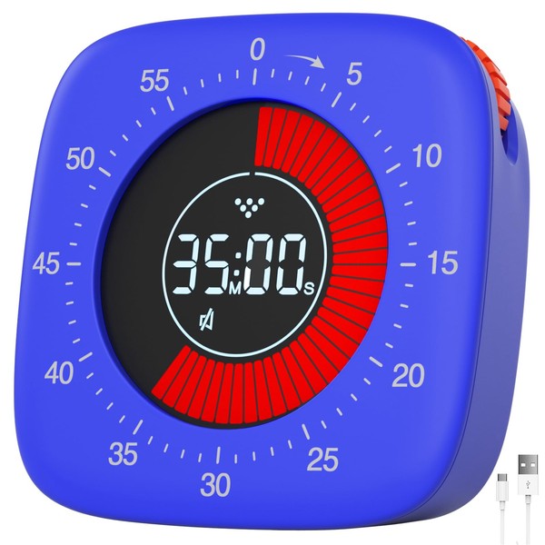 Visual Timer Rechargeable Timer Digital Time Timer with 4 Alarm Modes, Improved 60 Minute Count-Up Timer and Countdown Timer for Children Learning Adult Work Kitchen Cooking (Blue)