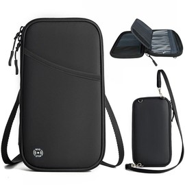 Passport Holder Travel Wallet with Shoulder Strap- Family Passport Holder of 5, RFID Blocking Passport Wallet for Men Women, Travel Essentials for Flying, Black, Black, Water Resistant Design