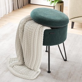 STORAGEBUD Round Ottoman with Storage, Textured Velvet Storage Ottoman, Foot Stool Ottoman, Makeup Vanity Stool, Small Ottoman Foot Rest, Modern Ottomans for Living Room and Bedroom, Green